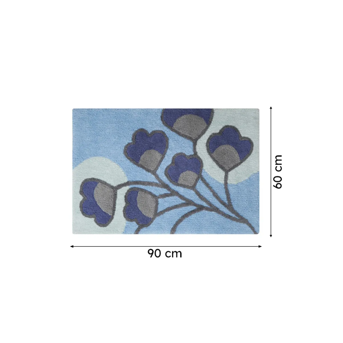 Blue and grey botanical bath mat shown with 60 x 90 cm dimensions.