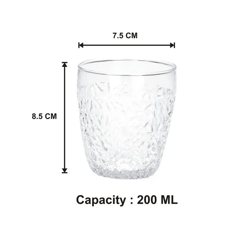 Single clear textured drinking glass shown with capacity graphic