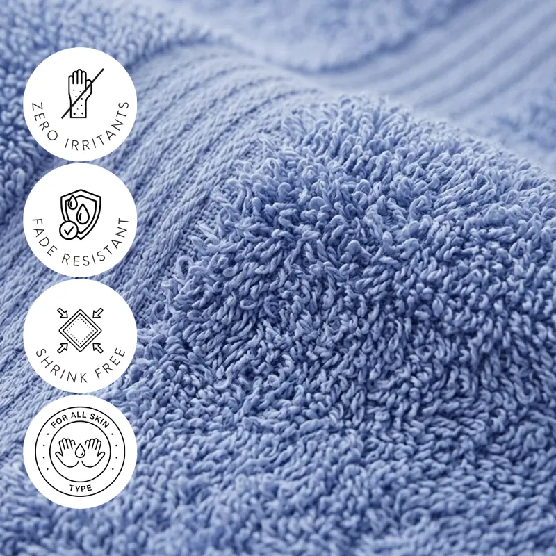 Close-up of plush powder blue towel texture with feature icons