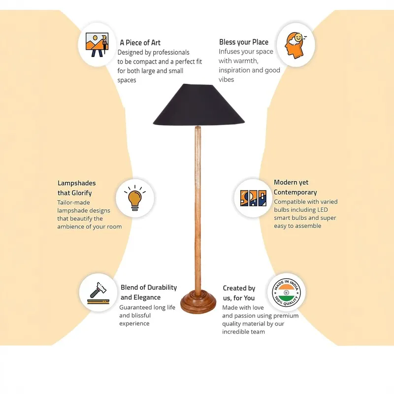 Wooden floor lamp with black shade in an illustrated feature graphic