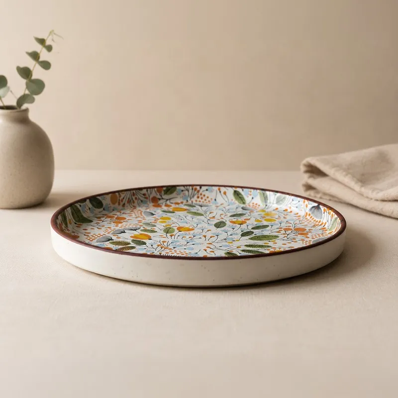Side view of a round ceramic plate with botanical interior and brown rim