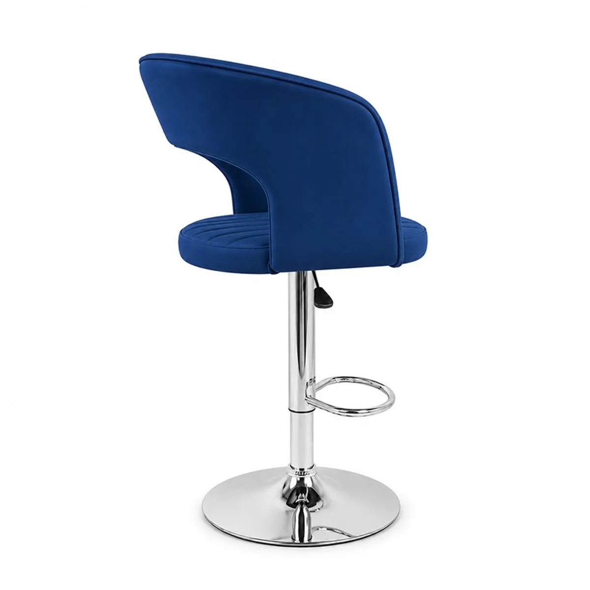 Rear angled view of blue bar chair with chrome pedestal base