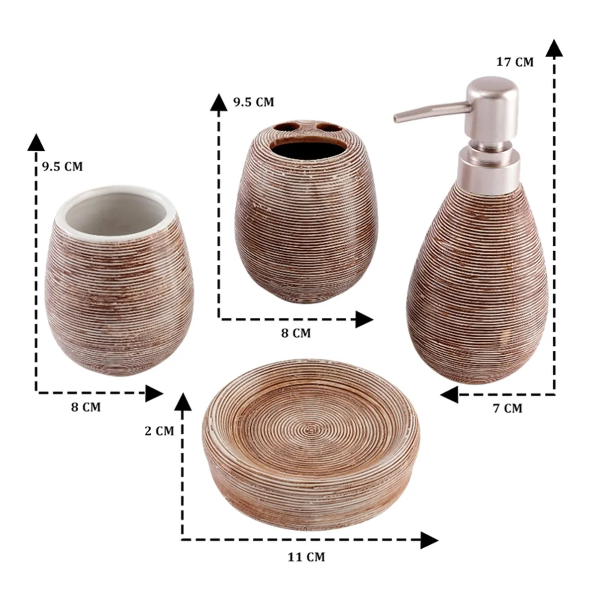 Brown ceramic bathroom set with visible component dimensions