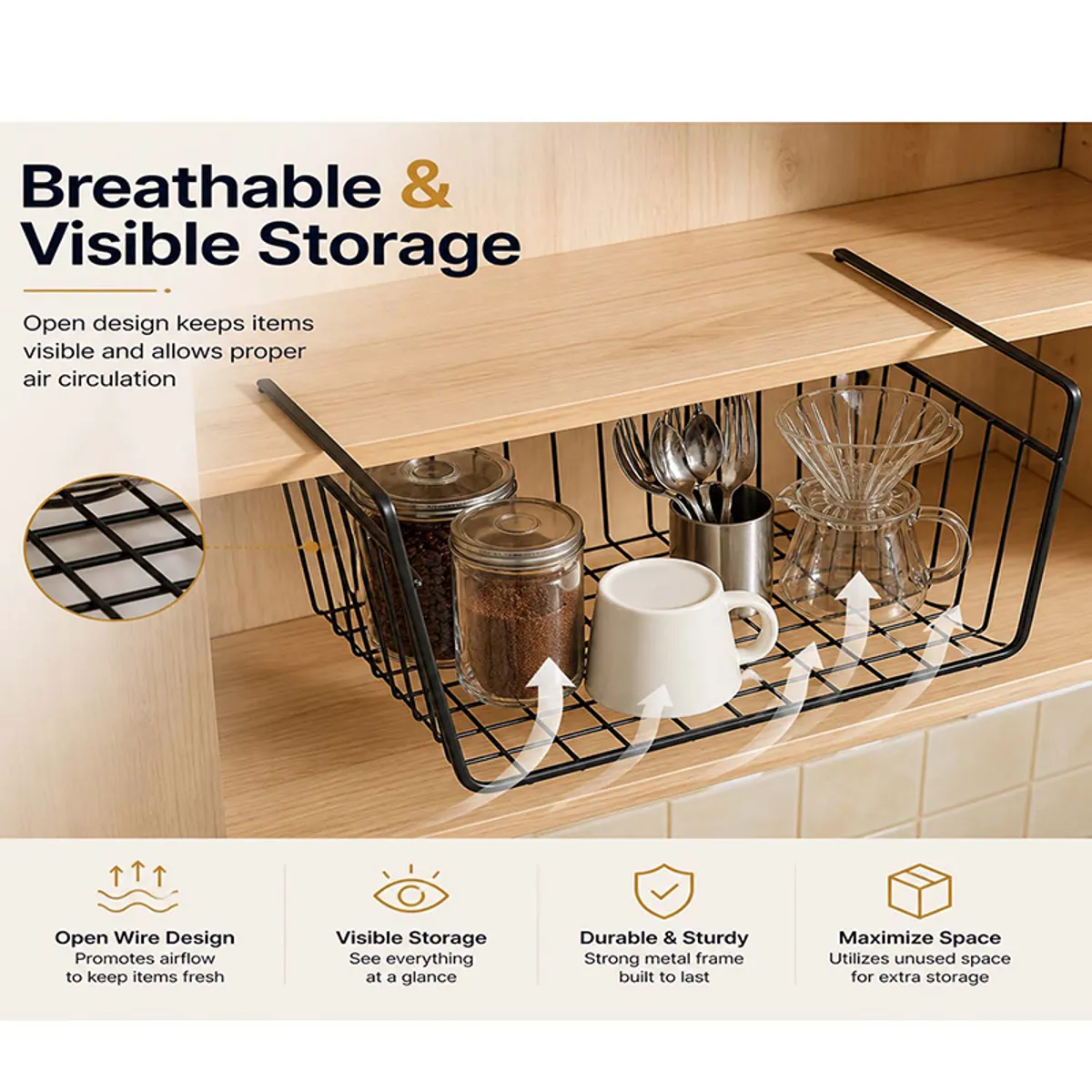 Black open-wire under-shelf rack storing kitchen items beneath a wooden shelf