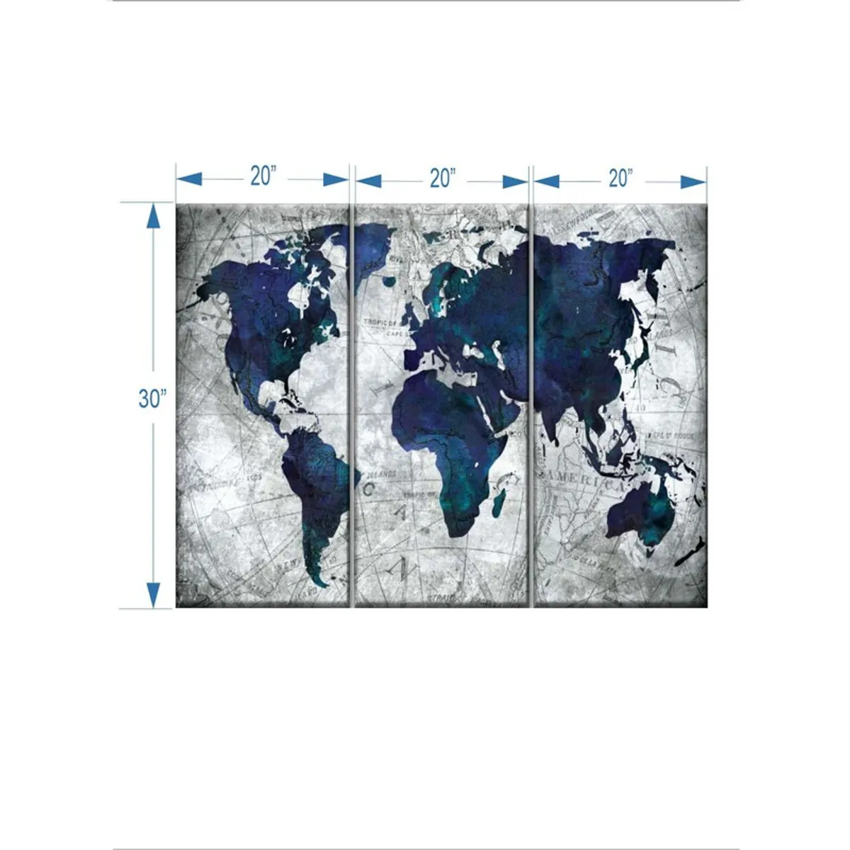 Three-panel world map canvas artwork with printed size markings shown
