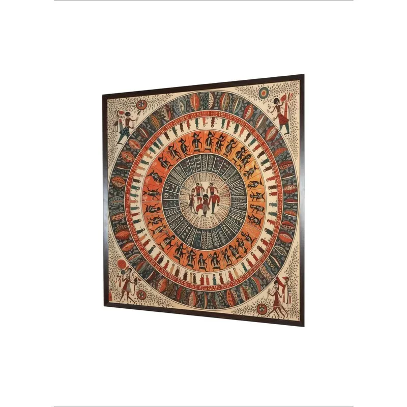 Angled view of the framed tribal mandala canvas wall painting