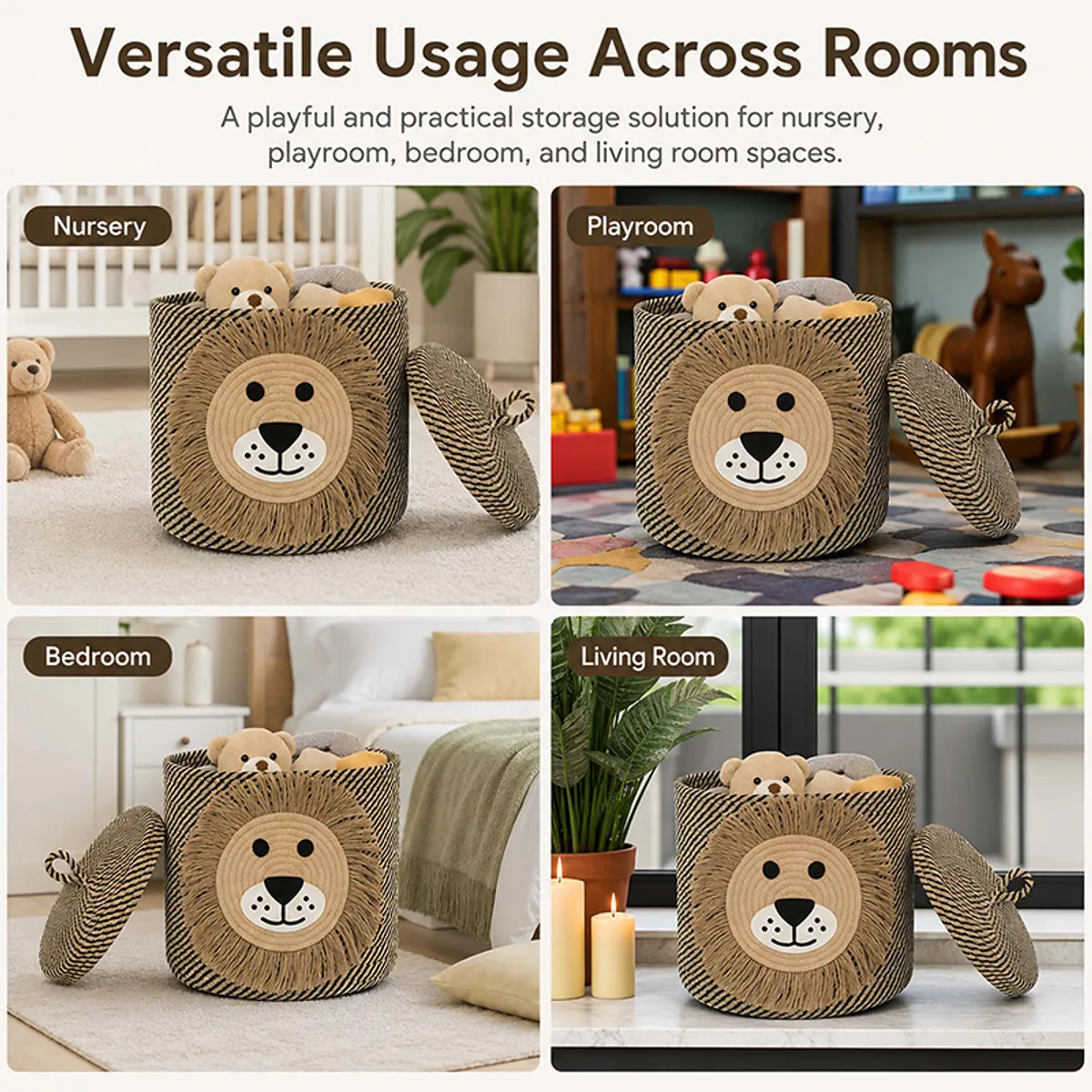 Lion storage basket styled in nursery, playroom, bedroom and living room