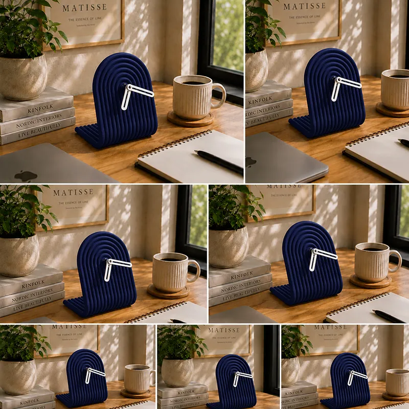 Collage showing the blue arched ribbed table clock styled on a desk