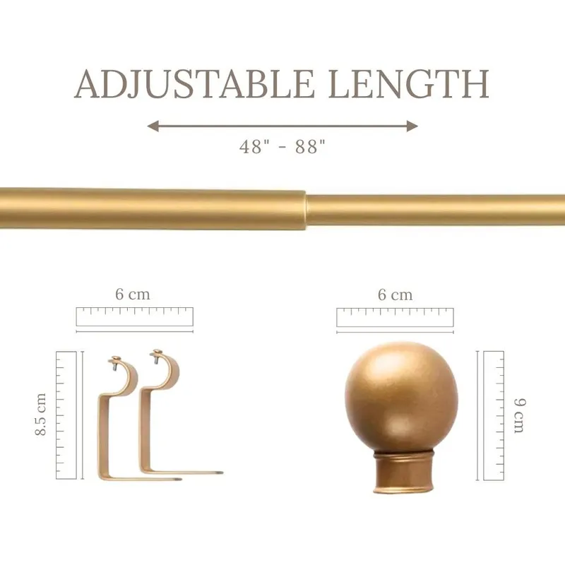 Close-up showing the gold rod, bracket and round finial with size markings.