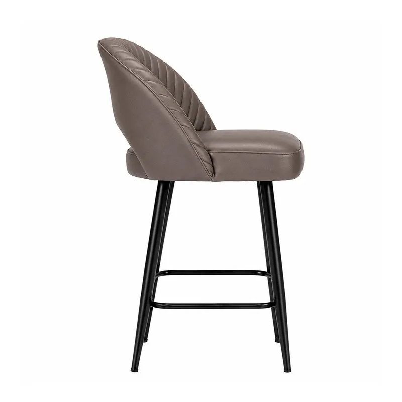 Side view of grey bar chair with ribbed back and black metal legs