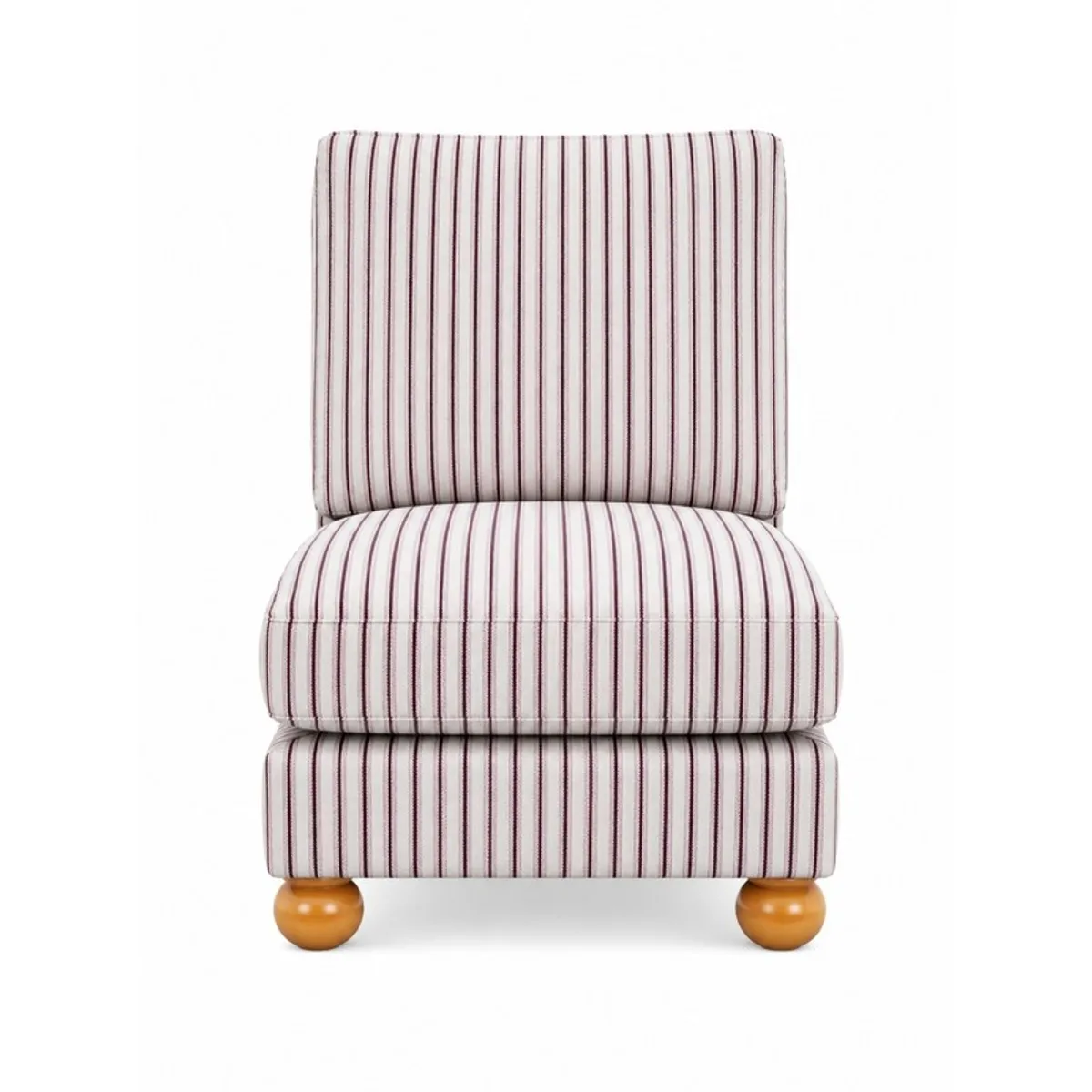 Front view of a white and burgundy striped accent chair on a white background