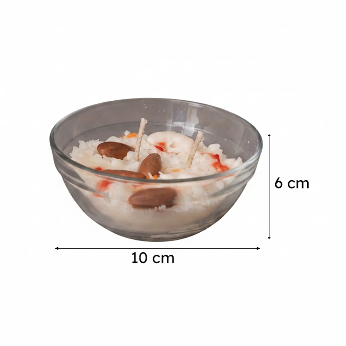 White candle in a clear glass bowl shown with visible size arrows