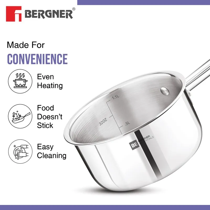 Silver saucepan shown with even heating and easy-cleaning feature icons