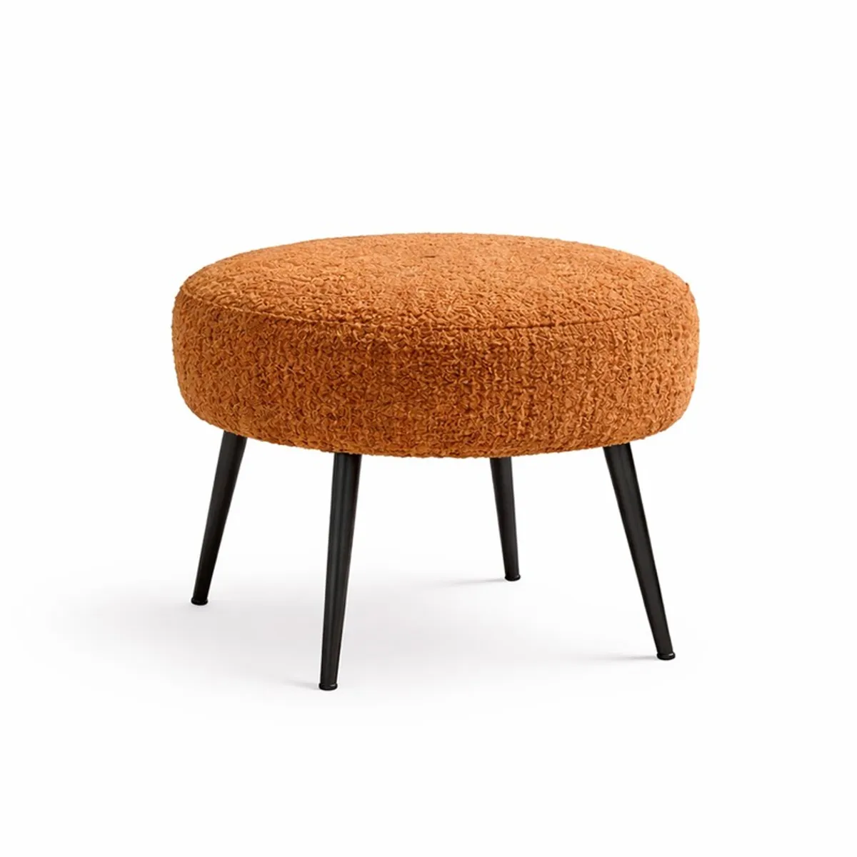Round brown textured stool with four black legs on a white background