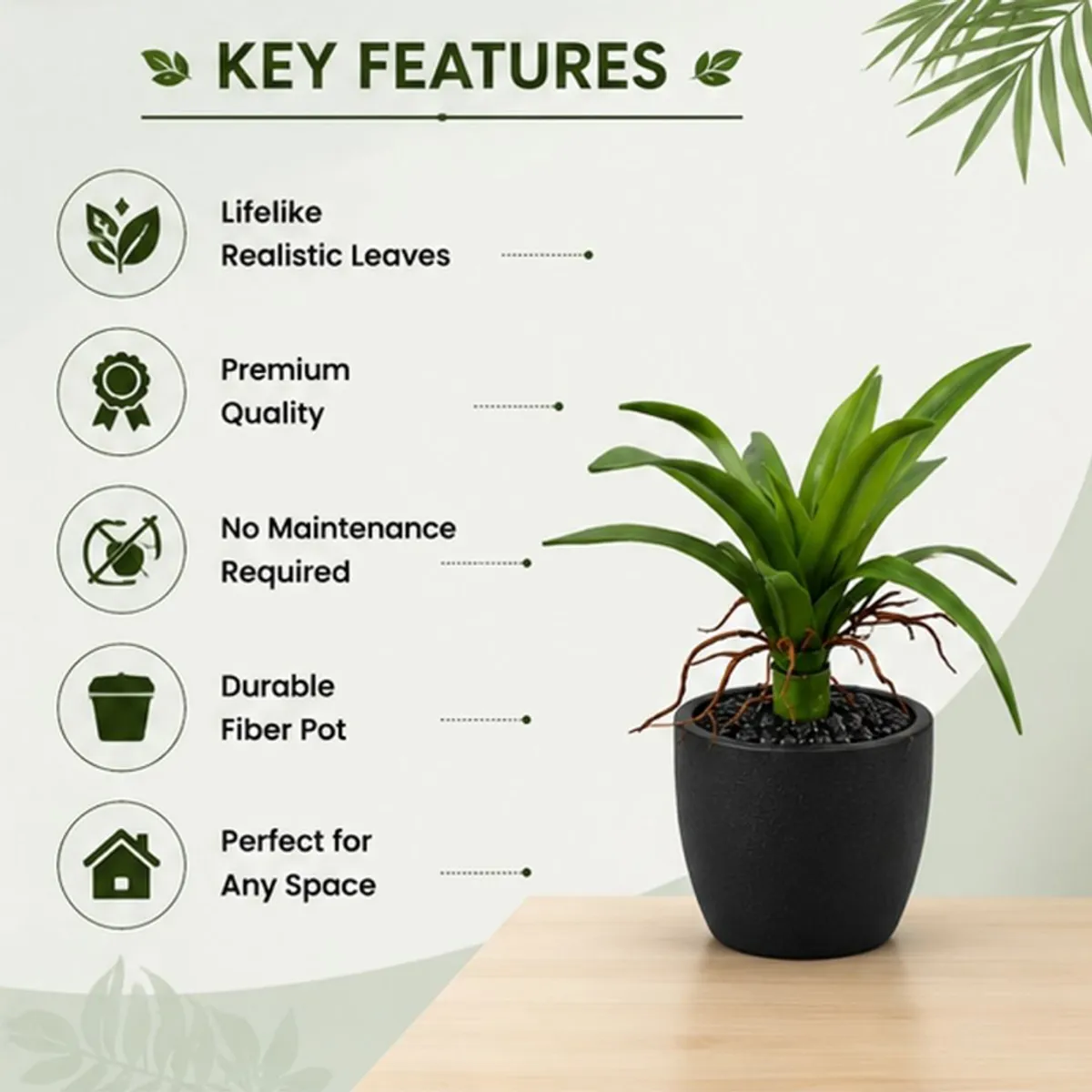 Green artificial bromeliad plant shown with illustrated key features