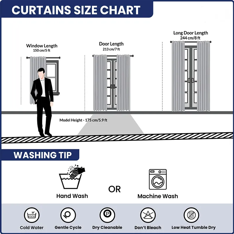 Curtain care and size chart graphic for window and door lengths