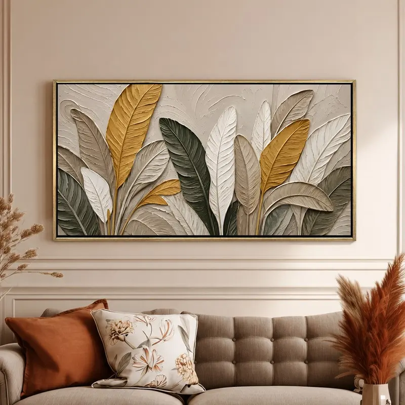 Neutral Botanical Relief Leaves Canvas Wall Painting