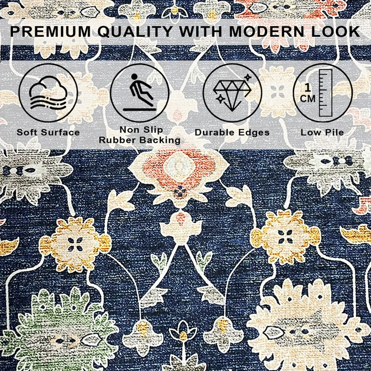 Close-up of the carpet showing its navy floral print and low pile surface