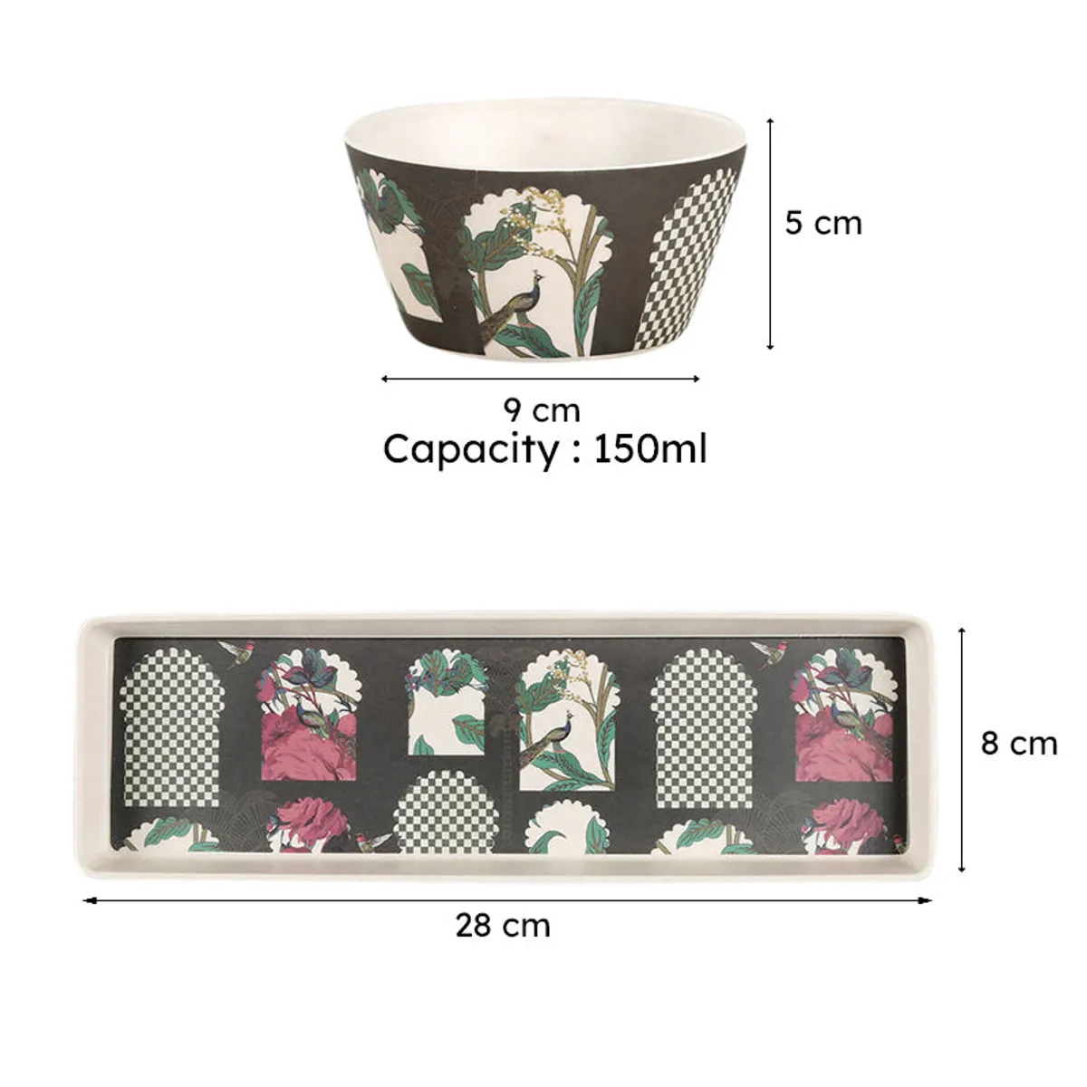 Close view of a patterned snack bowl and matching tray with visible dimensions