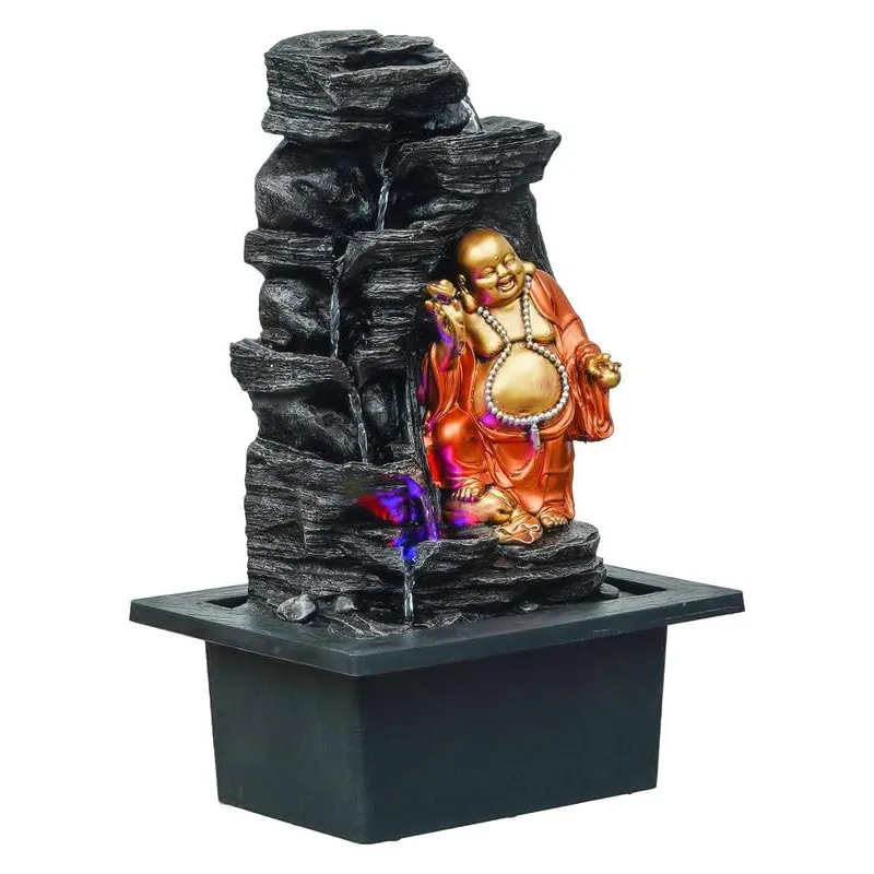 Side angle of black rock-style Laughing Buddha fountain