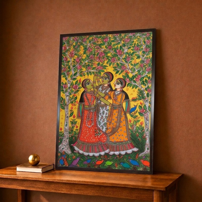 Madhubani Garden Maidens Canvas Wall Painting