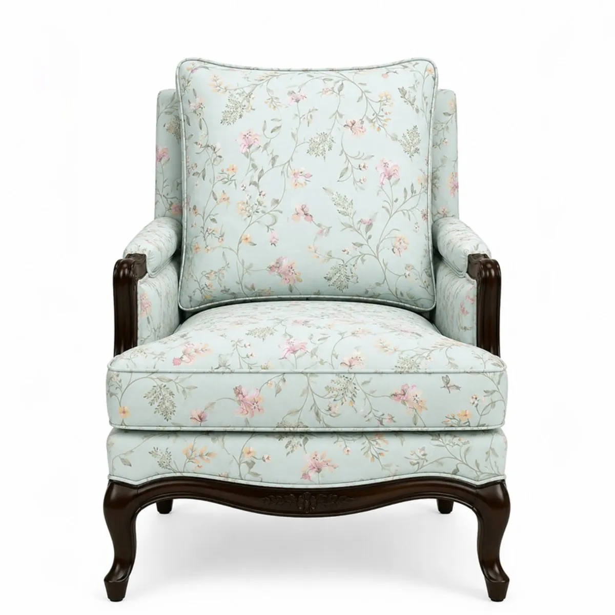 Pale blue floral lounge chair shown against a white background