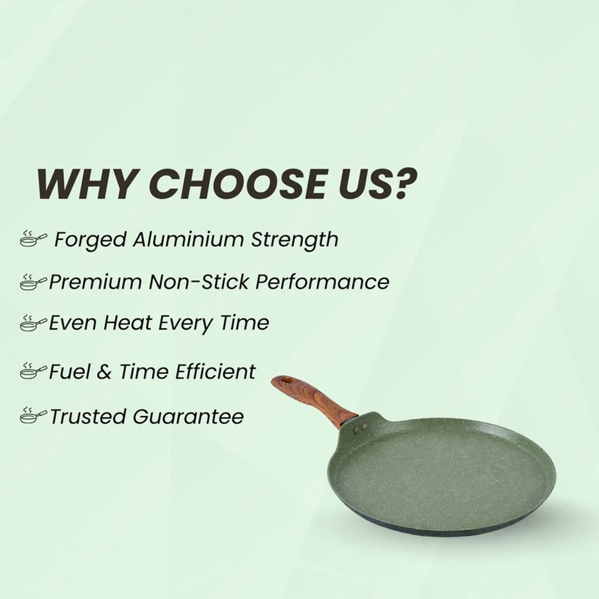 Moss green dosa tawa shown with a round cooking surface and long handle