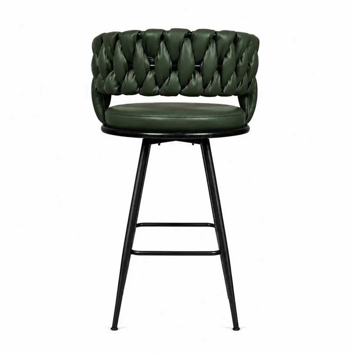 Rear three-quarter view of the green bar stool with a textured back and black metal frame.