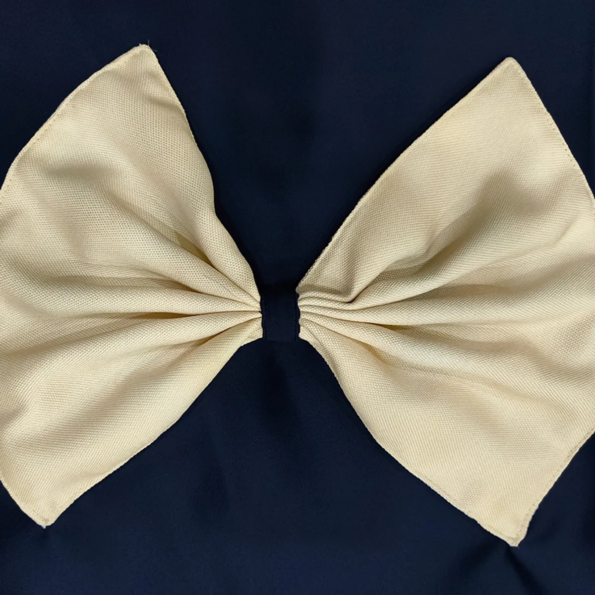 Close-up of the cream bow detail on a deep blue cushion cover