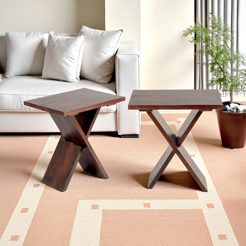 Fverox Sheesham Wooden Side & Bedside Table (Brown) - Set Of Two