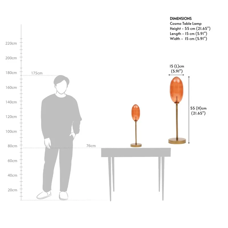 Dimension reference image for the amber glass table lamp