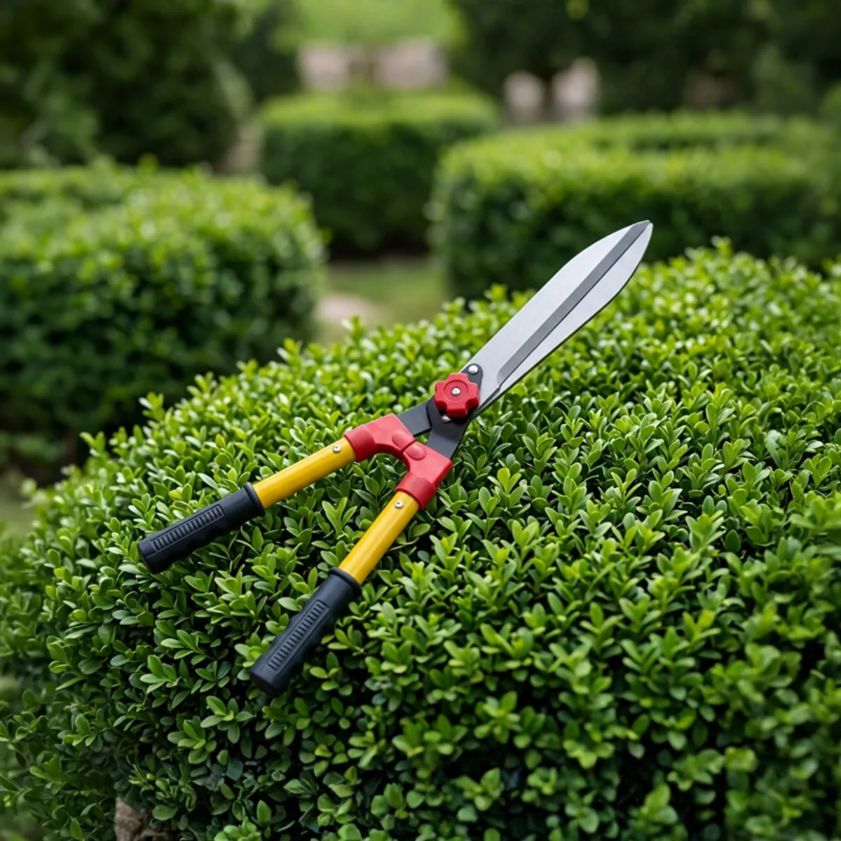 Red and yellow garden shears positioned on a neatly trimmed hedge