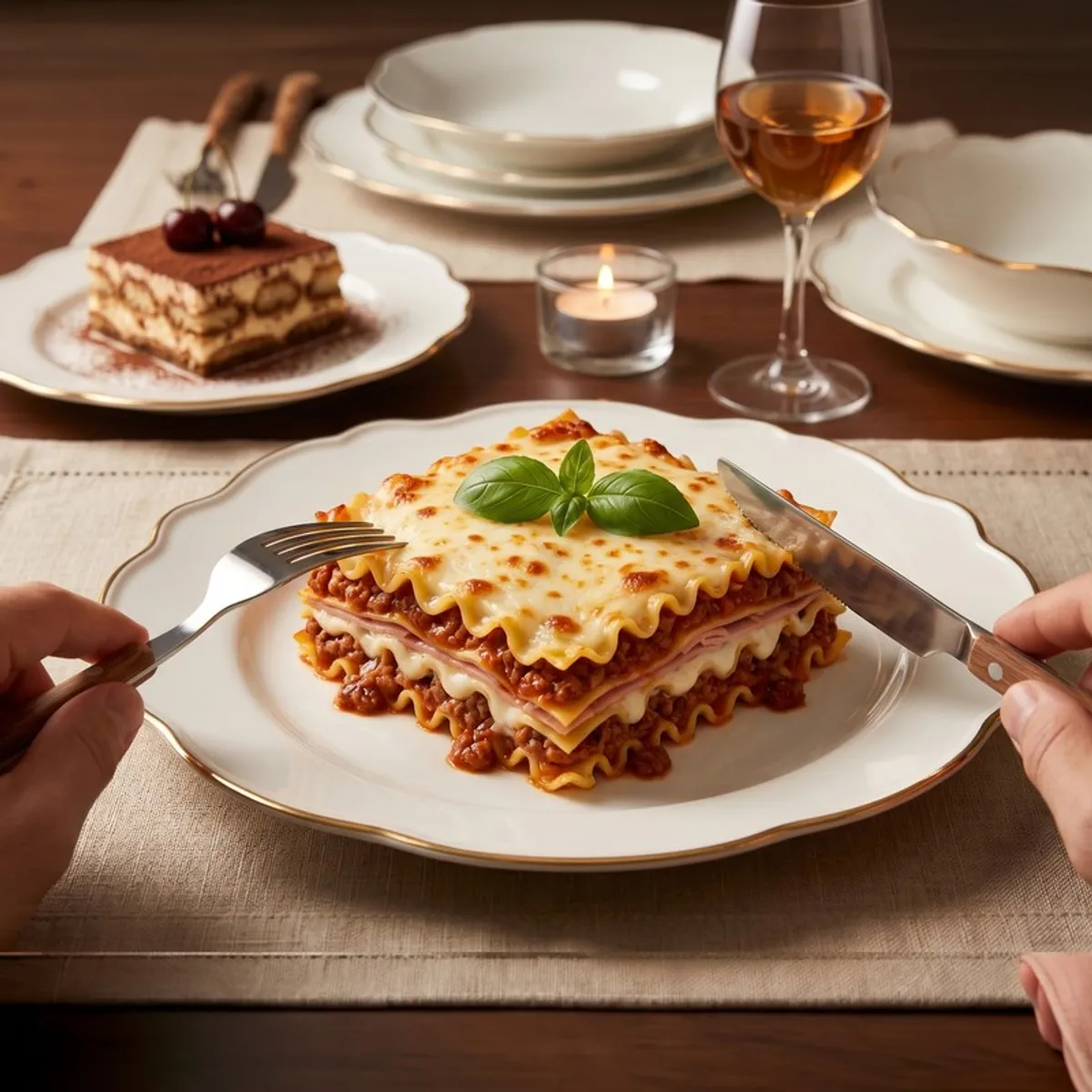 White gold-rim plate styled on a dining table with plated food