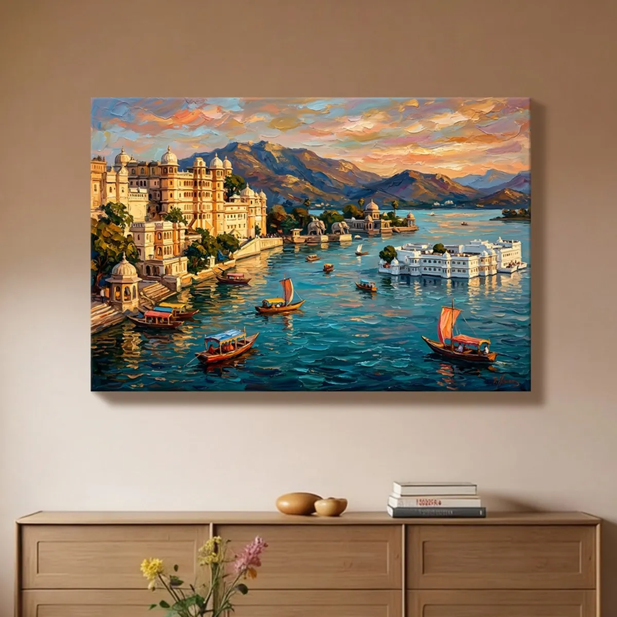 Colourful Rajasthan-inspired lake palace painting hung above a sideboard