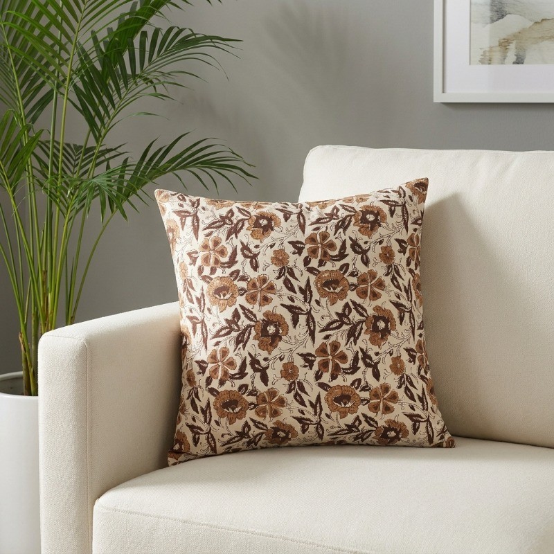 Garden Muse Printed Cotton Cushion Cover - White,Brown