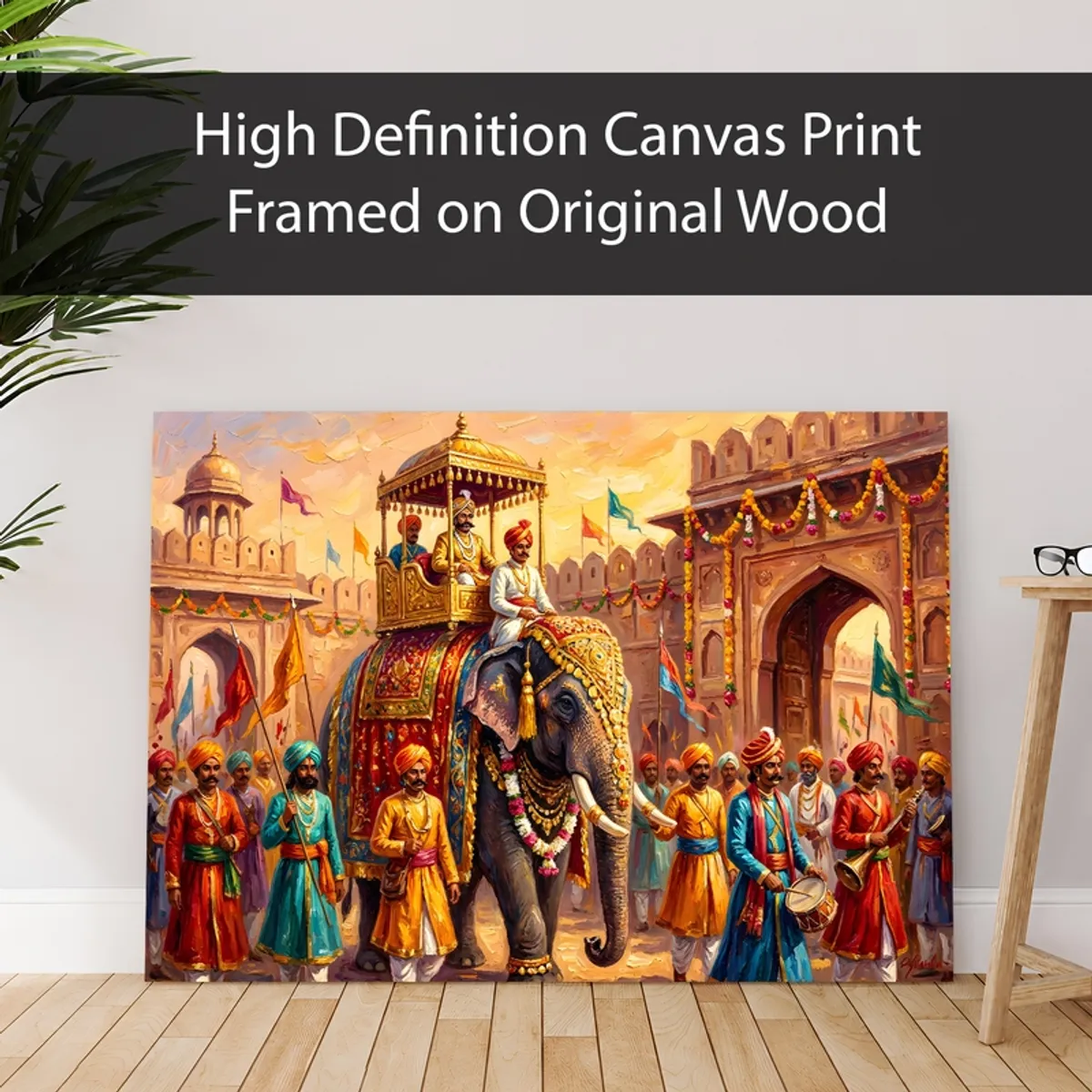 Royal elephant procession canvas print leaning against a wall indoors