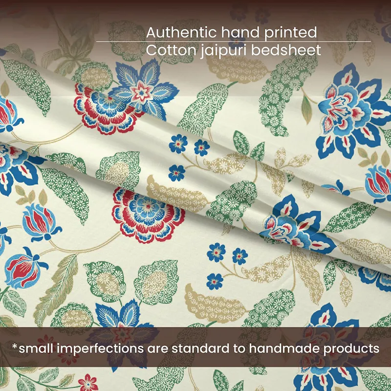 Close-up of multicolour floral fabric with blue and pink motifs on a light base
