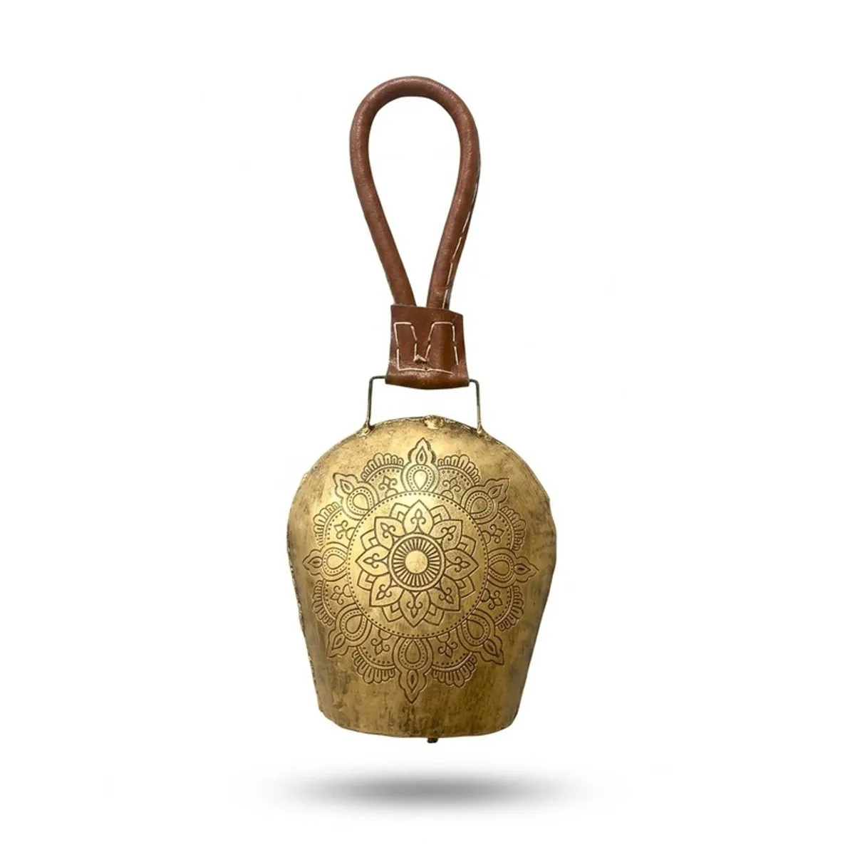 Front view of gold-toned hanging bell with mandala design and leather loop