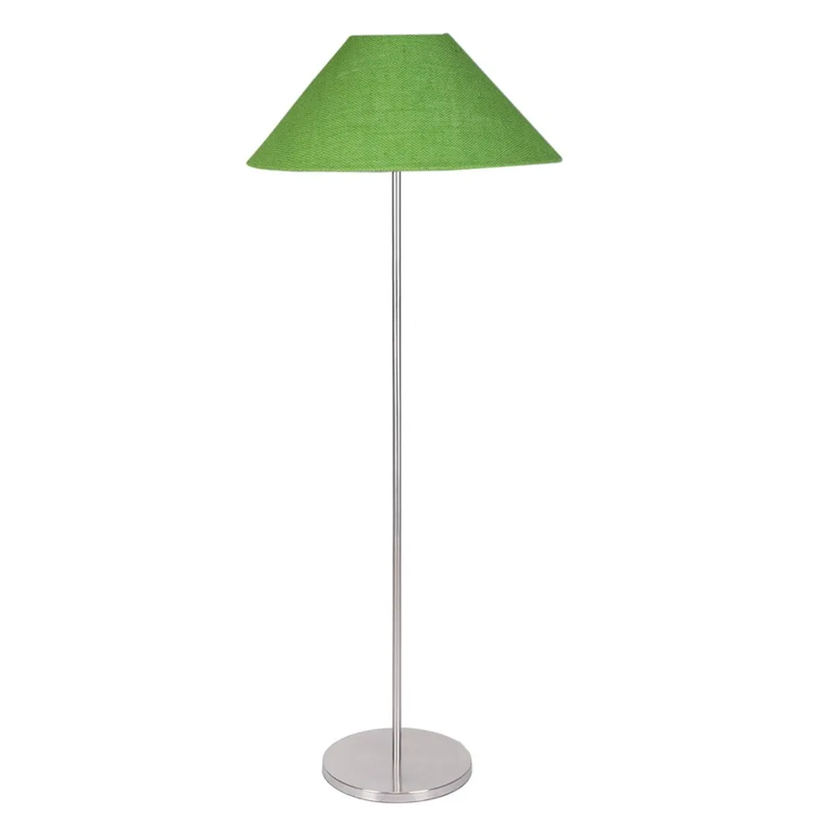 Green floor lamp with tapered shade on a white background