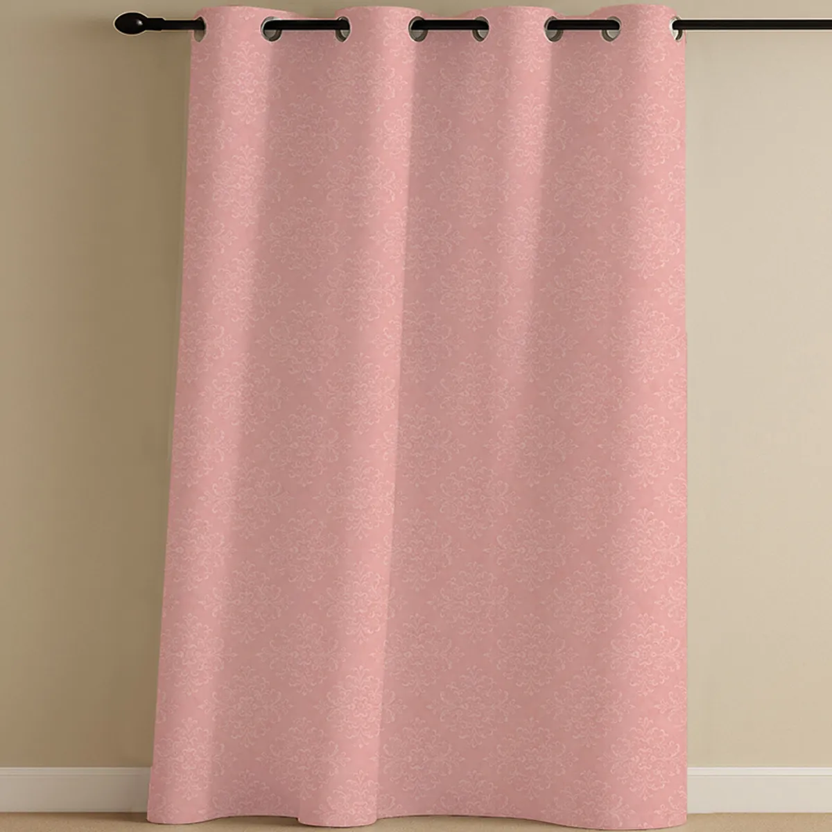 Full-length pink curtain with repeating white floral damask pattern