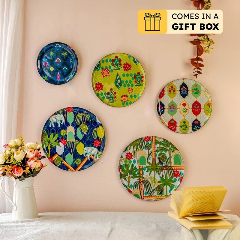 Botanical Print Round Metal Wall Plates - Set Of Five