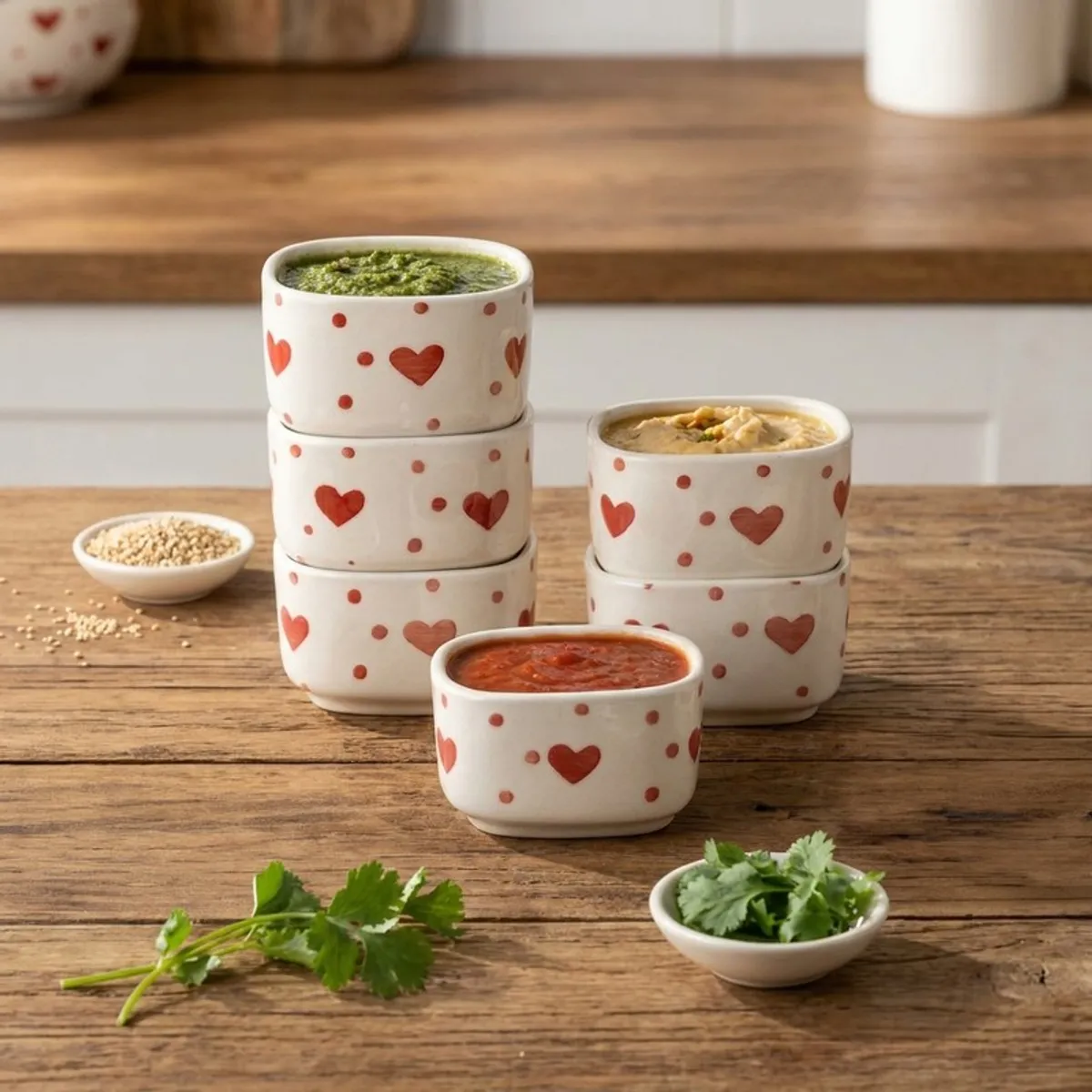 White ceramic dip bowls with red heart motifs arranged on a wooden tabletop