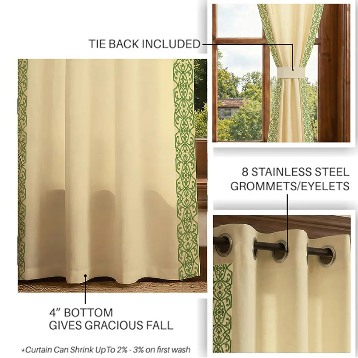 Beige curtain showing green border, tie-back styling and eyelet top