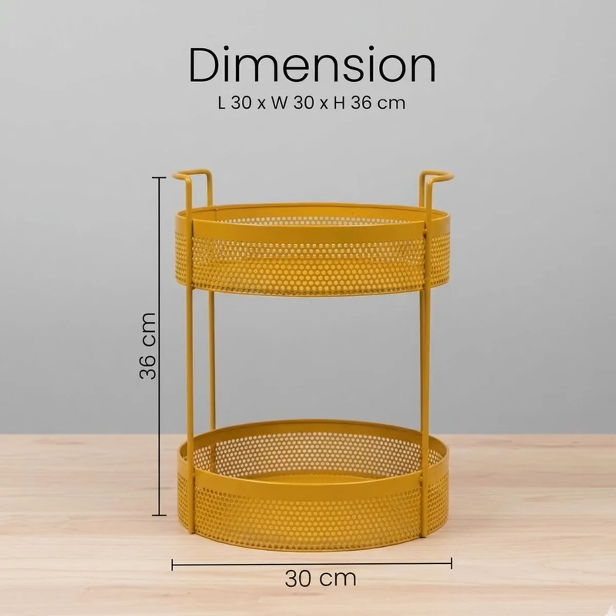 Yellow two-tier organiser shown with its length, width and height dimensions