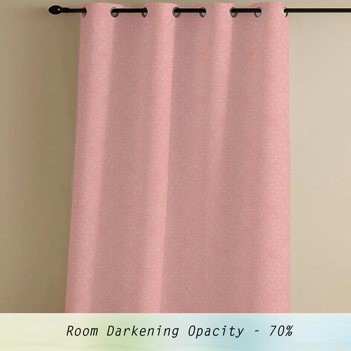 Pink eyelet curtain panel with repeating white damask-style motif