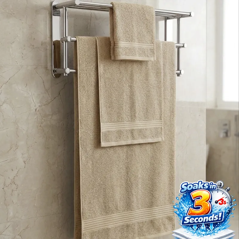 Beige bath, hand and face towels displayed on a bathroom towel rack
