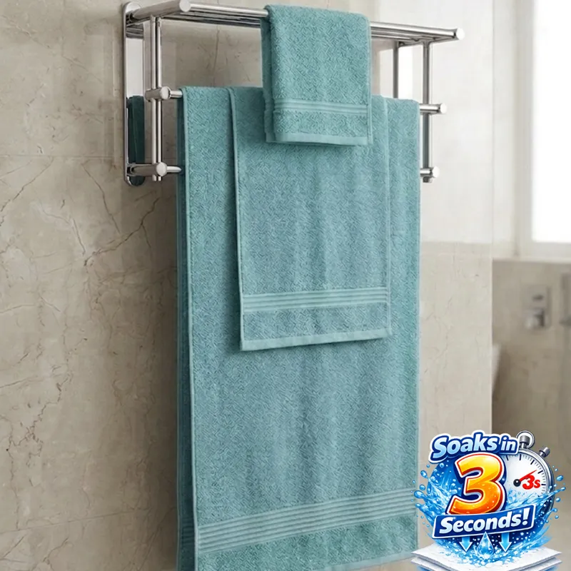 Mint towels hanging on a wall rack in a bathroom