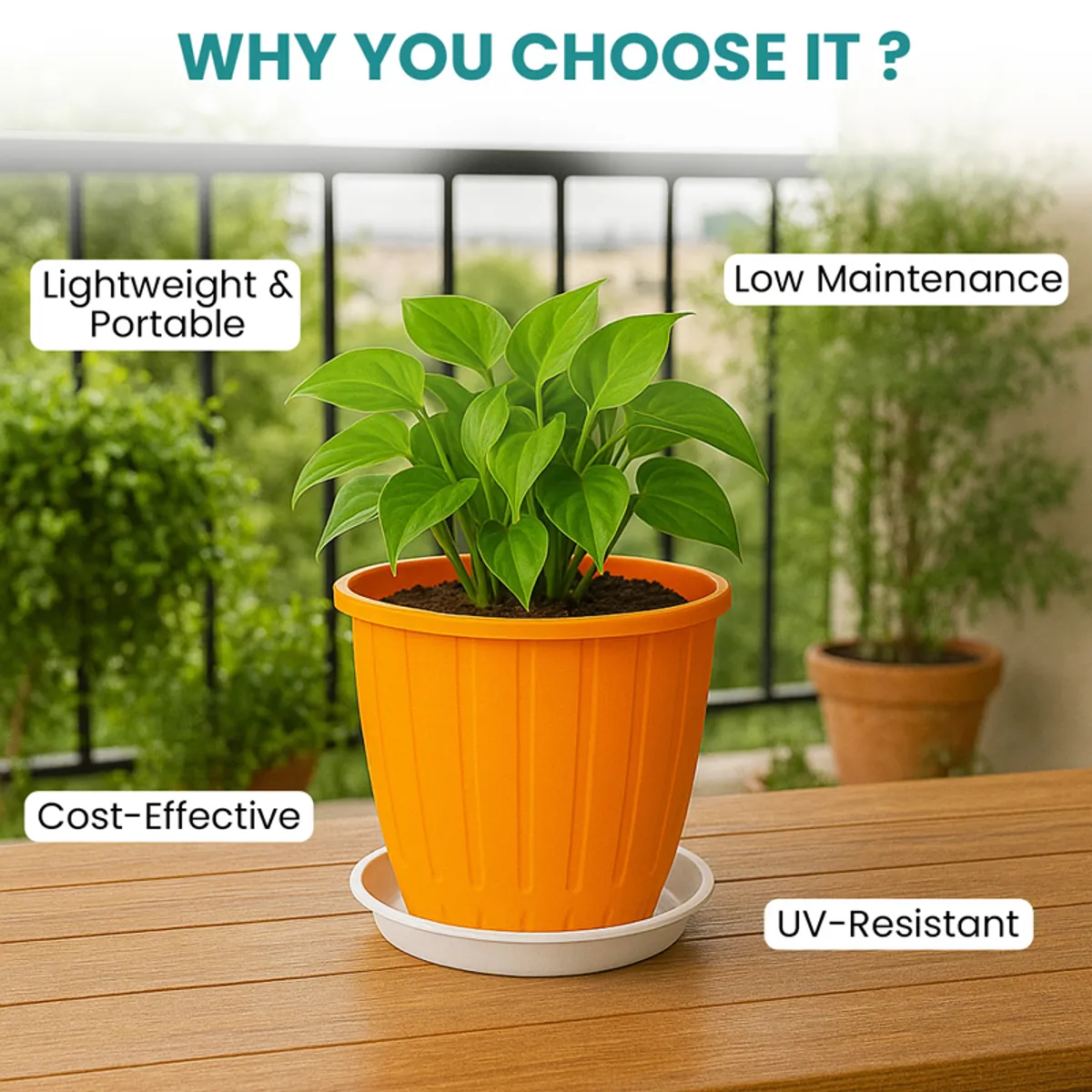 Orange planter with a green plant and white tray on a table