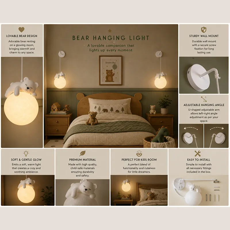 Collage showing sleepy bear wall lamp design, wall mount and installation parts