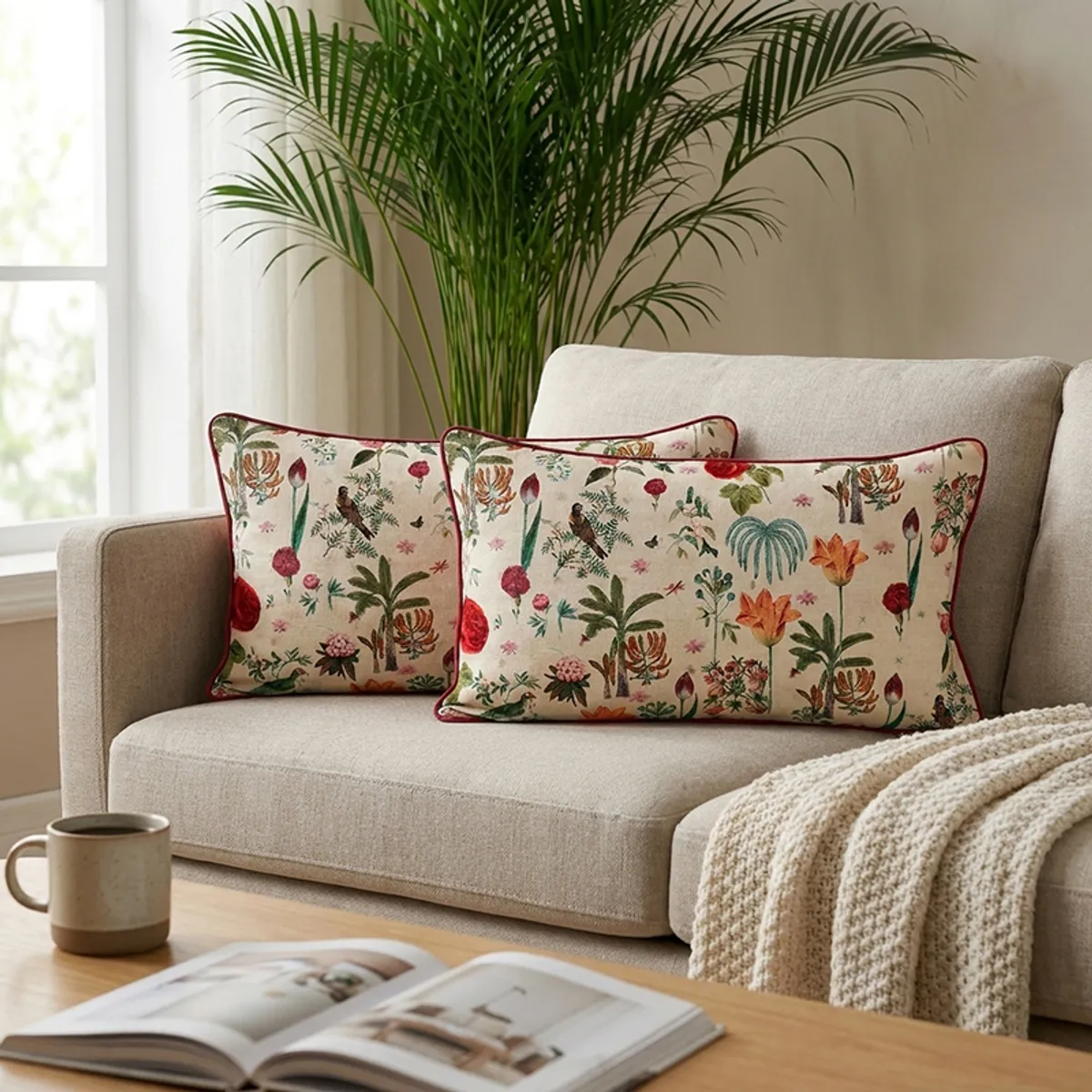 Two floral cushion covers styled on a light sofa beside a knitted throw